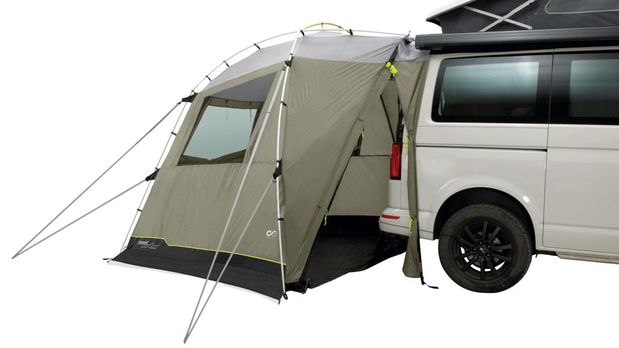 Outwell Woodcrest Vehicle Awning shown attached to vehicle with side door open