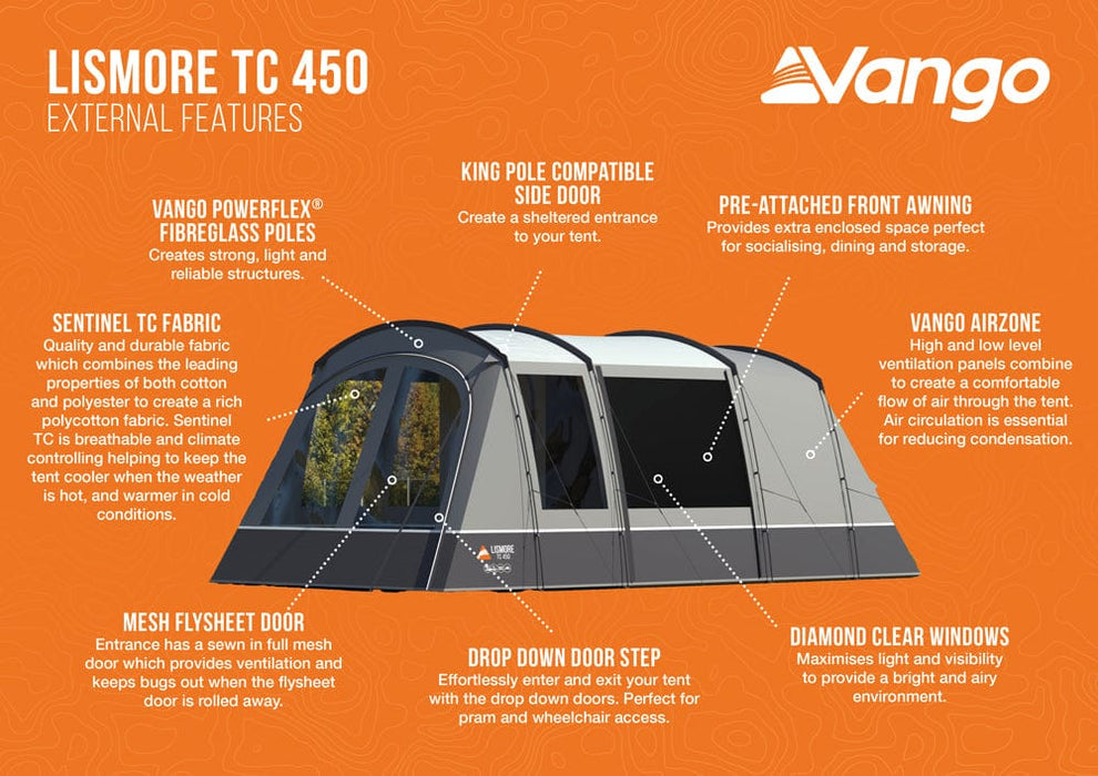 Vango Lismore TC 450 4 Berth Polycotton Tent & Groundsheet Package Features List